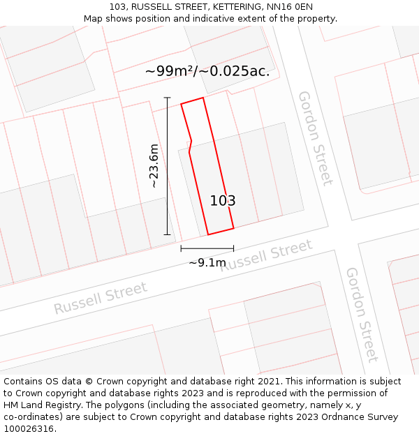 103, RUSSELL STREET, KETTERING, NN16 0EN: Plot and title map