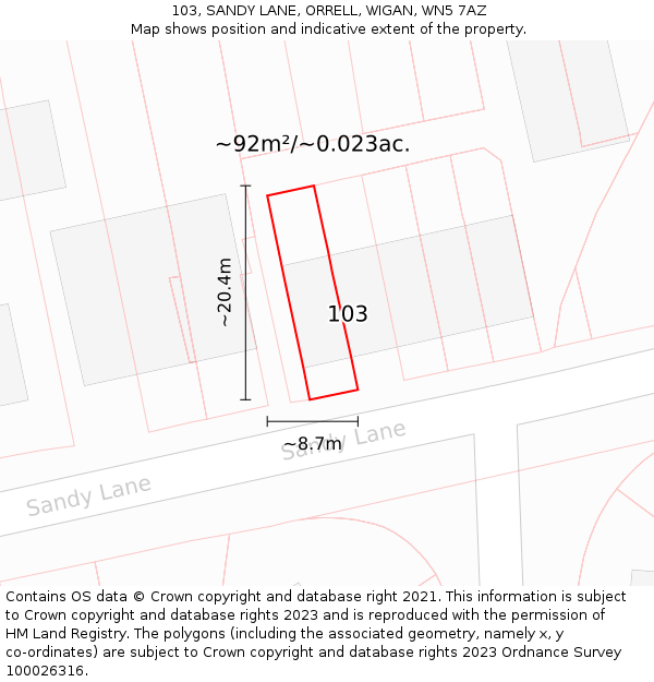 103, SANDY LANE, ORRELL, WIGAN, WN5 7AZ: Plot and title map