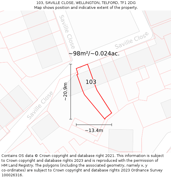 103, SAVILLE CLOSE, WELLINGTON, TELFORD, TF1 2DG: Plot and title map