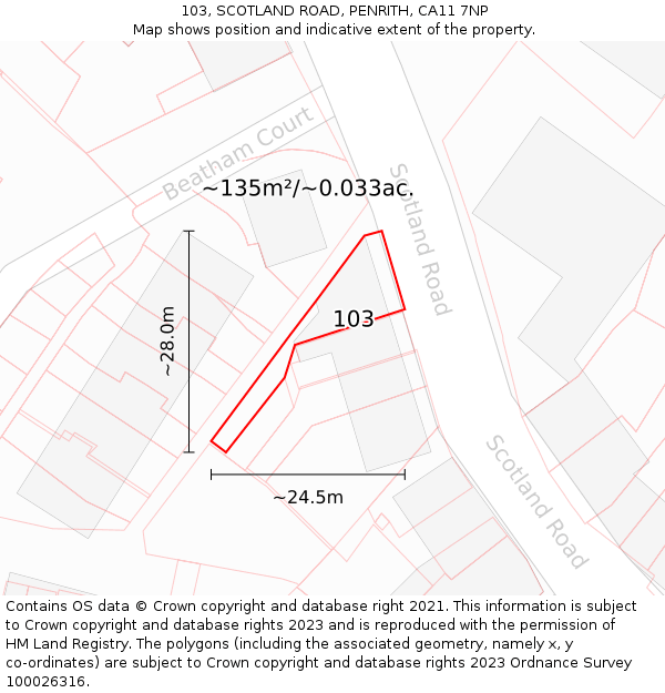 103, SCOTLAND ROAD, PENRITH, CA11 7NP: Plot and title map