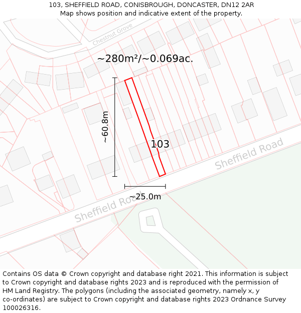 103, SHEFFIELD ROAD, CONISBROUGH, DONCASTER, DN12 2AR: Plot and title map