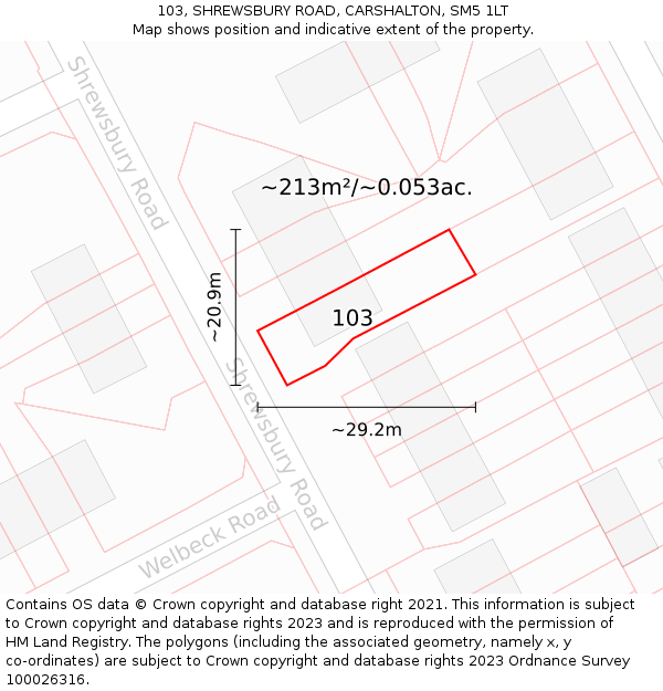 103, SHREWSBURY ROAD, CARSHALTON, SM5 1LT: Plot and title map
