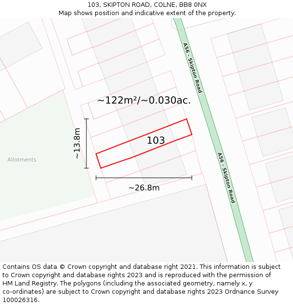 103, SKIPTON ROAD, COLNE, BB8 0NX: Plot and title map