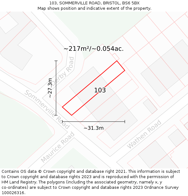103, SOMMERVILLE ROAD, BRISTOL, BS6 5BX: Plot and title map