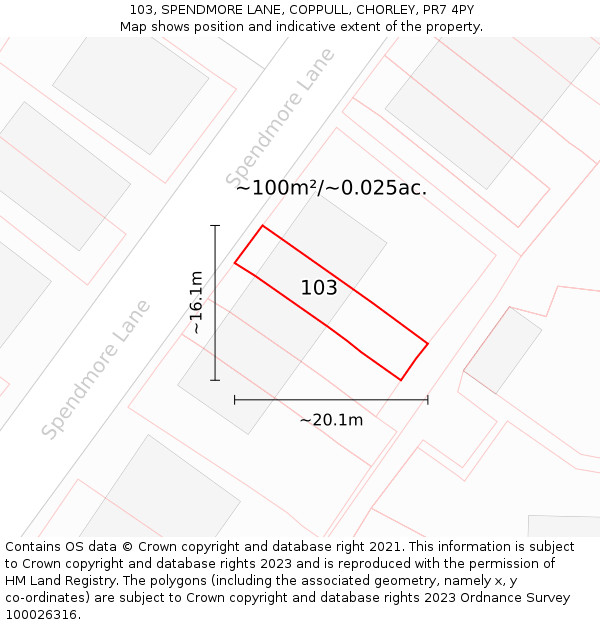 103, SPENDMORE LANE, COPPULL, CHORLEY, PR7 4PY: Plot and title map