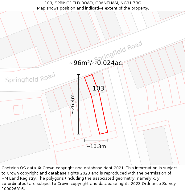 103, SPRINGFIELD ROAD, GRANTHAM, NG31 7BG: Plot and title map