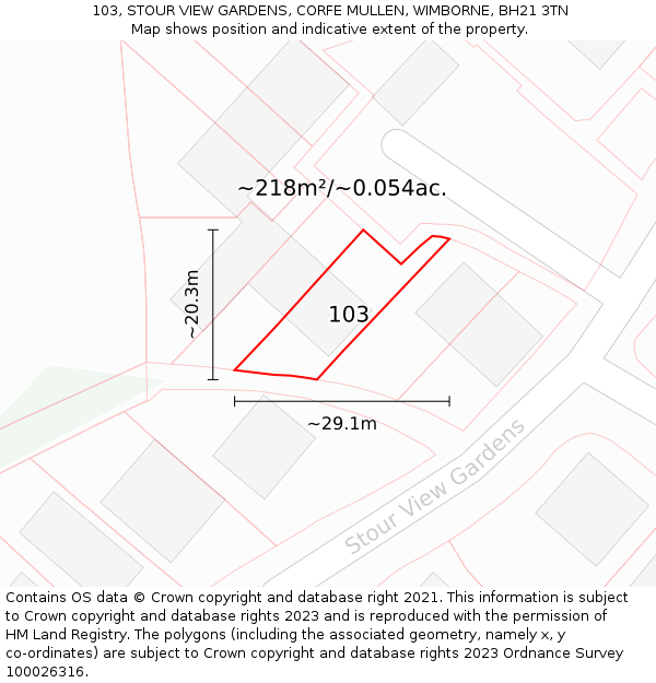 103, STOUR VIEW GARDENS, CORFE MULLEN, WIMBORNE, BH21 3TN: Plot and title map
