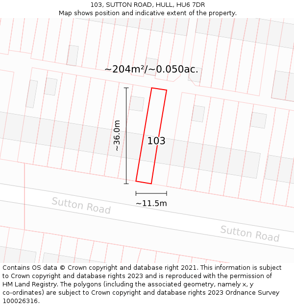103, SUTTON ROAD, HULL, HU6 7DR: Plot and title map