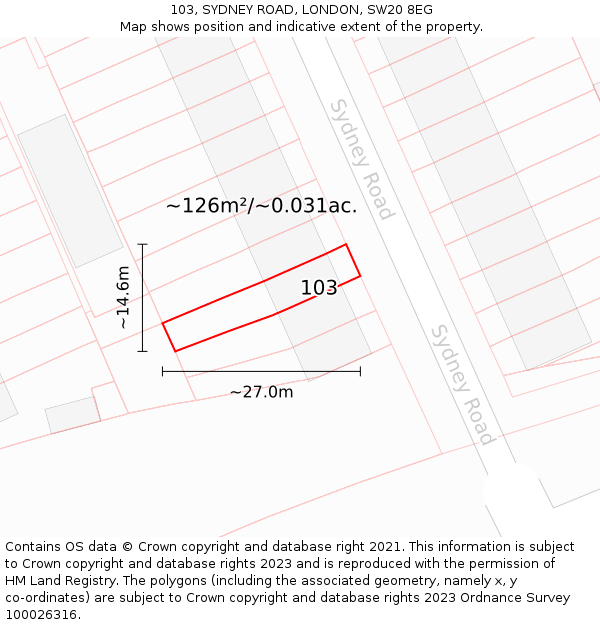 103, SYDNEY ROAD, LONDON, SW20 8EG: Plot and title map