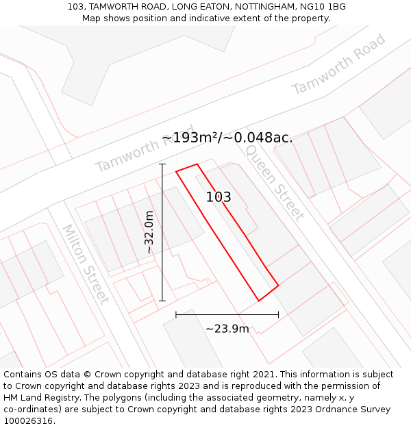 103, TAMWORTH ROAD, LONG EATON, NOTTINGHAM, NG10 1BG: Plot and title map