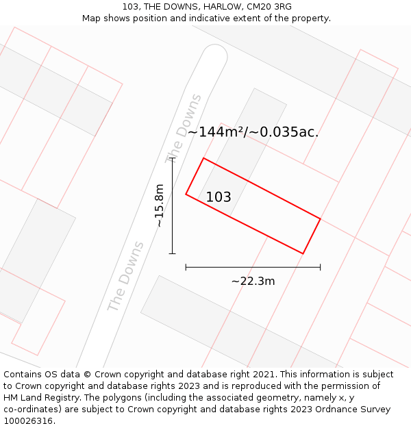 103, THE DOWNS, HARLOW, CM20 3RG: Plot and title map
