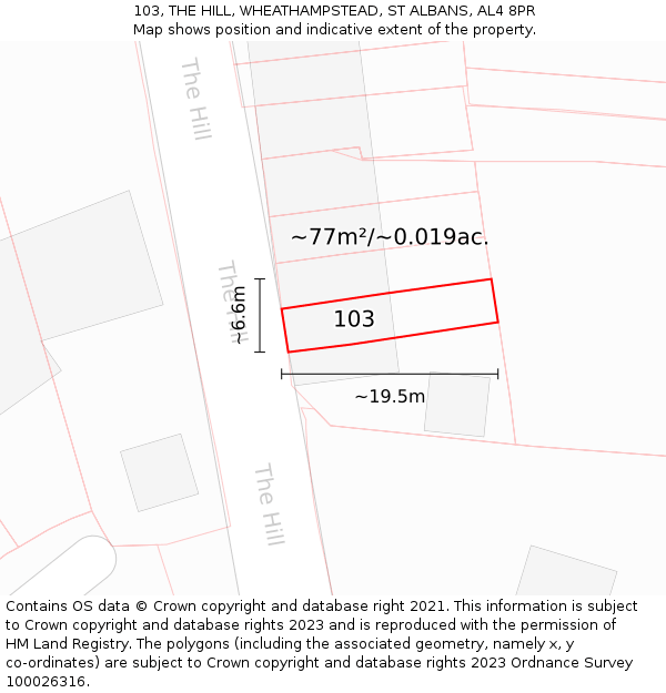 103, THE HILL, WHEATHAMPSTEAD, ST ALBANS, AL4 8PR: Plot and title map