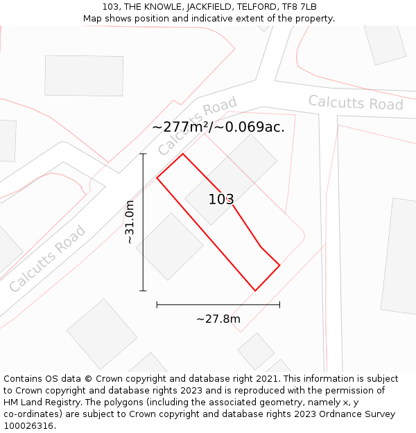 103, THE KNOWLE, JACKFIELD, TELFORD, TF8 7LB: Plot and title map