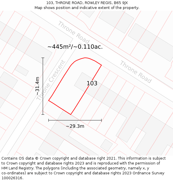 103, THRONE ROAD, ROWLEY REGIS, B65 9JX: Plot and title map