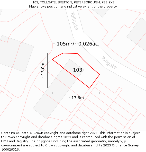 103, TOLLGATE, BRETTON, PETERBOROUGH, PE3 9XB: Plot and title map