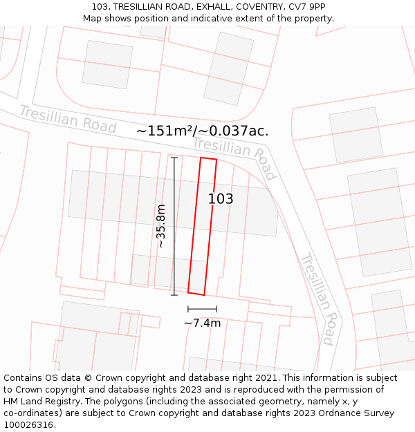 103, TRESILLIAN ROAD, EXHALL, COVENTRY, CV7 9PP: Plot and title map