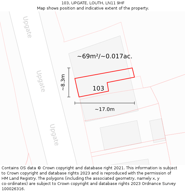 103, UPGATE, LOUTH, LN11 9HF: Plot and title map