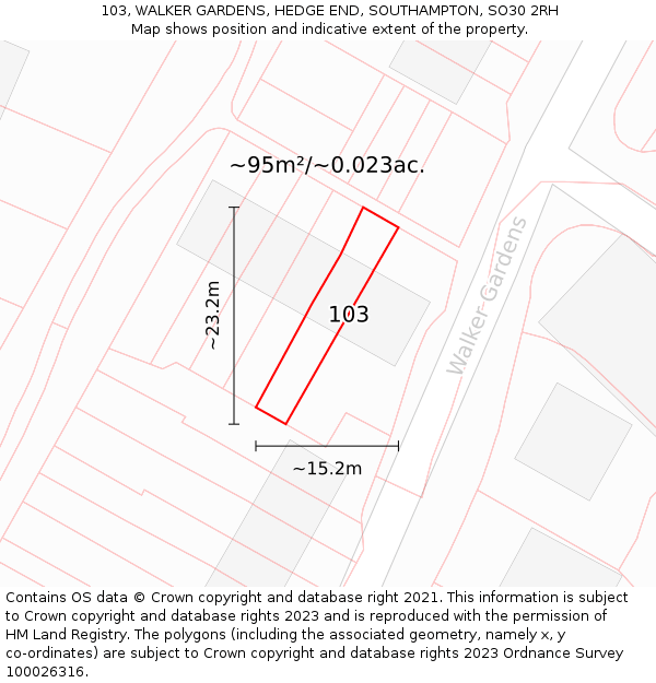 103, WALKER GARDENS, HEDGE END, SOUTHAMPTON, SO30 2RH: Plot and title map
