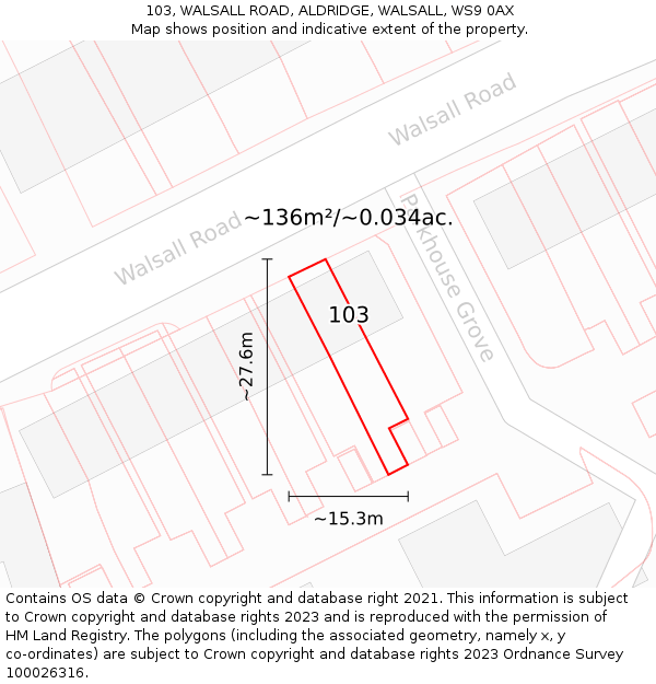 103, WALSALL ROAD, ALDRIDGE, WALSALL, WS9 0AX: Plot and title map
