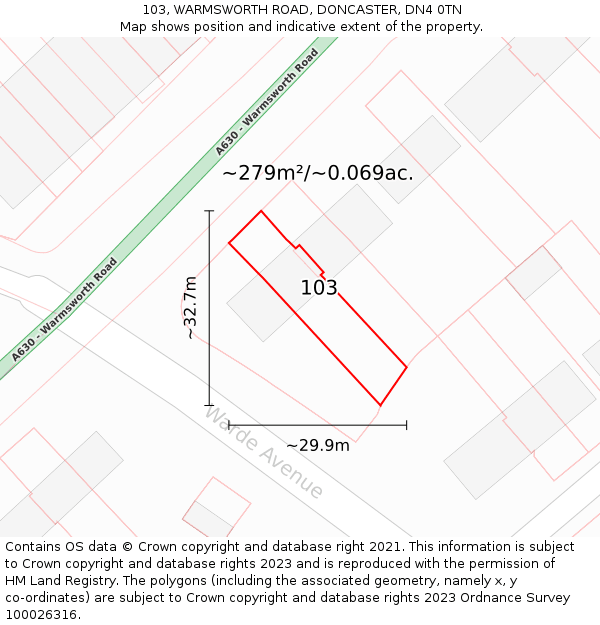 103, WARMSWORTH ROAD, DONCASTER, DN4 0TN: Plot and title map