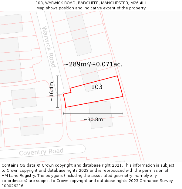 103, WARWICK ROAD, RADCLIFFE, MANCHESTER, M26 4HL: Plot and title map
