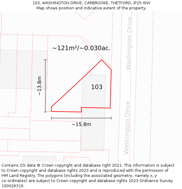 103, WASHINGTON DRIVE, CARBROOKE, THETFORD, IP25 6NY: Plot and title map