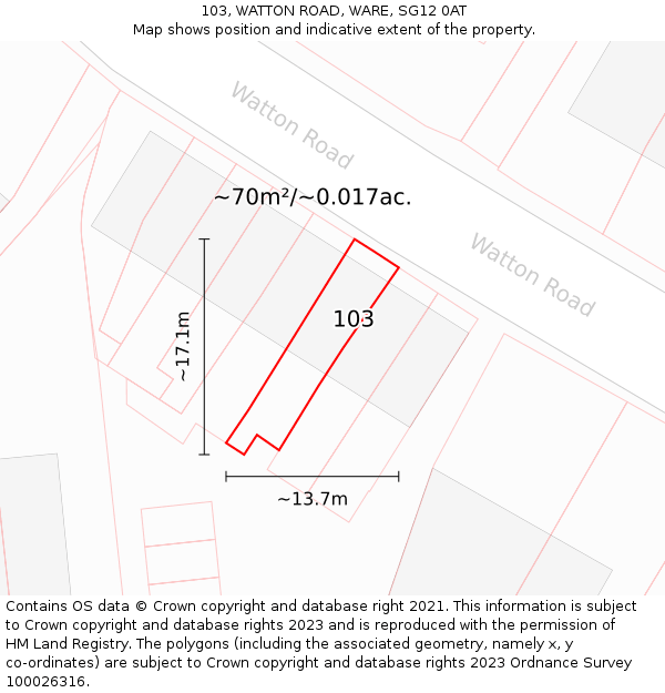 103, WATTON ROAD, WARE, SG12 0AT: Plot and title map