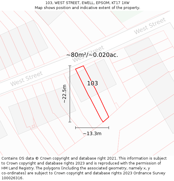 103, WEST STREET, EWELL, EPSOM, KT17 1XW: Plot and title map