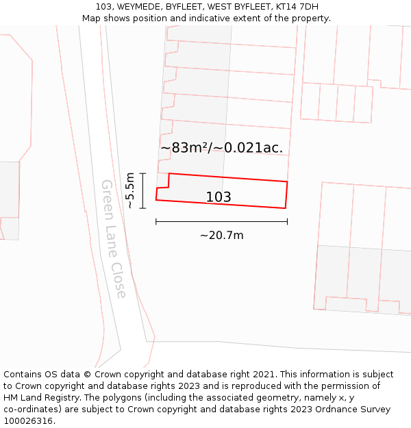 103, WEYMEDE, BYFLEET, WEST BYFLEET, KT14 7DH: Plot and title map