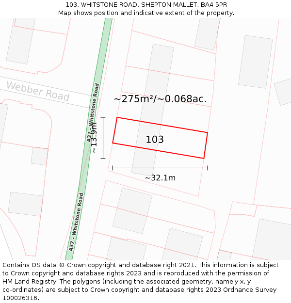 103, WHITSTONE ROAD, SHEPTON MALLET, BA4 5PR: Plot and title map