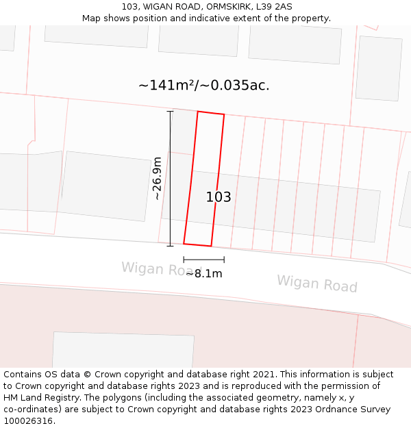103, WIGAN ROAD, ORMSKIRK, L39 2AS: Plot and title map