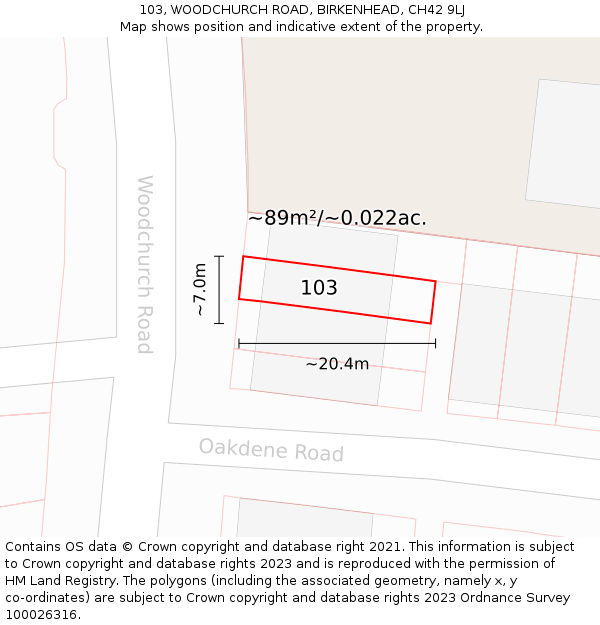 103, WOODCHURCH ROAD, BIRKENHEAD, CH42 9LJ: Plot and title map
