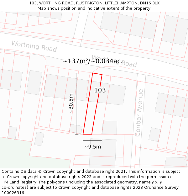 103, WORTHING ROAD, RUSTINGTON, LITTLEHAMPTON, BN16 3LX: Plot and title map