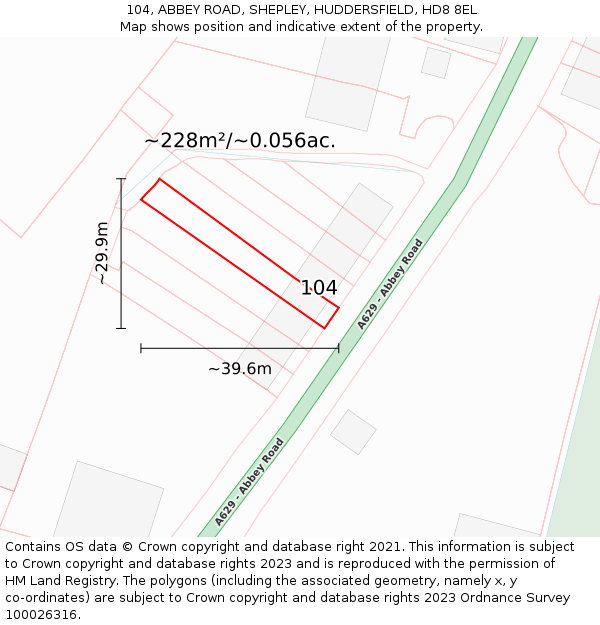 104, ABBEY ROAD, SHEPLEY, HUDDERSFIELD, HD8 8EL: Plot and title map
