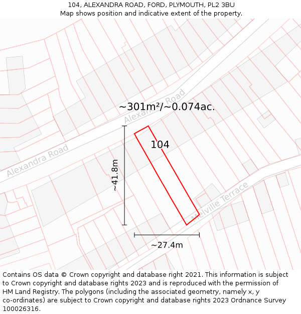104, ALEXANDRA ROAD, FORD, PLYMOUTH, PL2 3BU: Plot and title map