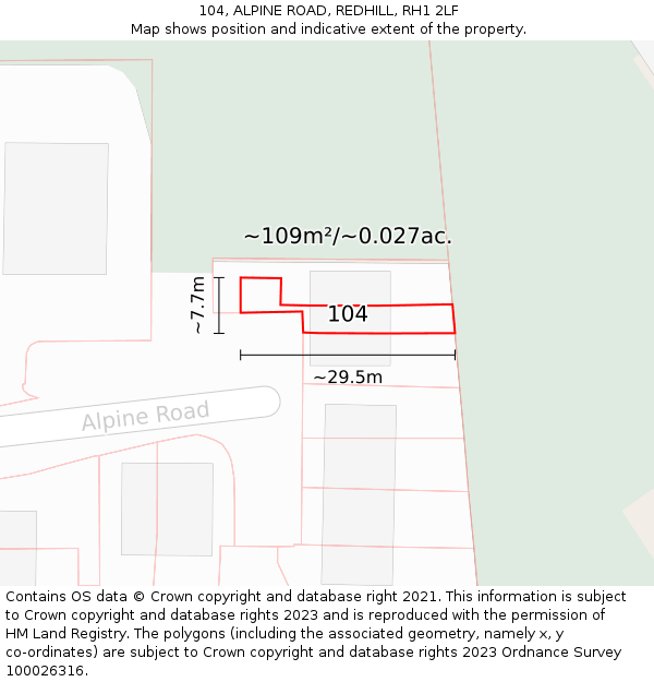 104, ALPINE ROAD, REDHILL, RH1 2LF: Plot and title map