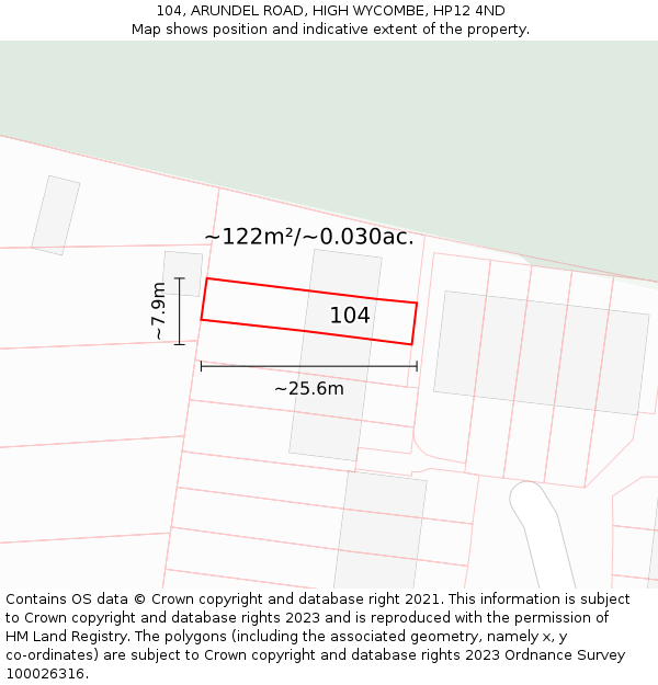104, ARUNDEL ROAD, HIGH WYCOMBE, HP12 4ND: Plot and title map