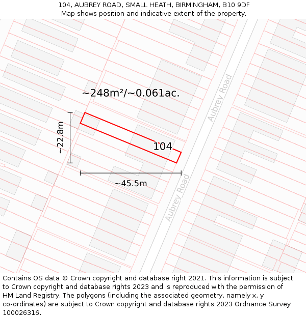 104, AUBREY ROAD, SMALL HEATH, BIRMINGHAM, B10 9DF: Plot and title map