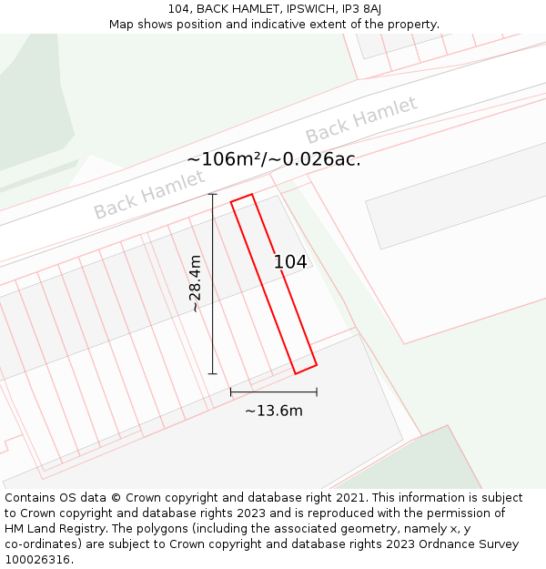104, BACK HAMLET, IPSWICH, IP3 8AJ: Plot and title map