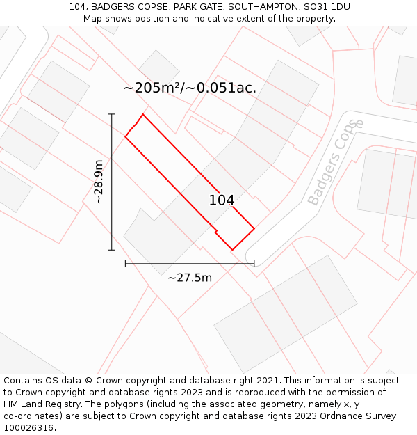 104, BADGERS COPSE, PARK GATE, SOUTHAMPTON, SO31 1DU: Plot and title map