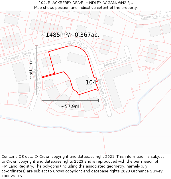 104, BLACKBERRY DRIVE, HINDLEY, WIGAN, WN2 3JU: Plot and title map