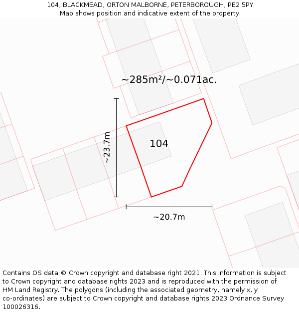 104, BLACKMEAD, ORTON MALBORNE, PETERBOROUGH, PE2 5PY: Plot and title map