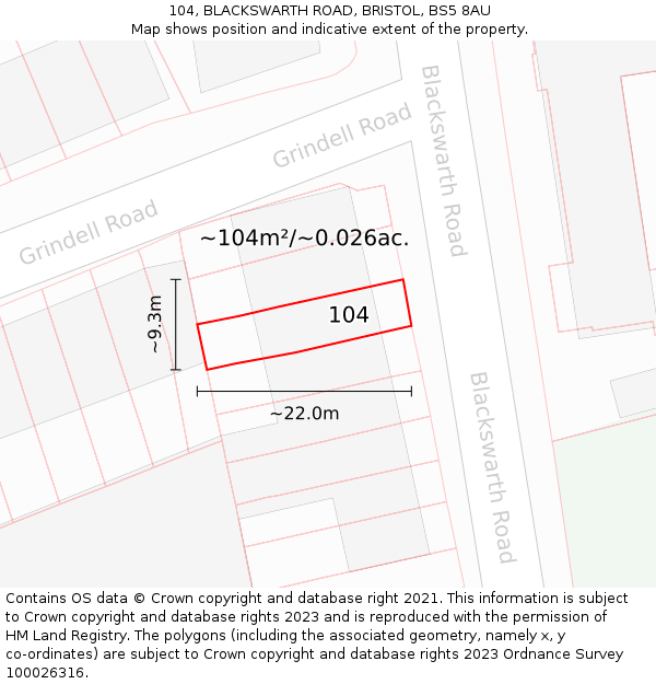 104, BLACKSWARTH ROAD, BRISTOL, BS5 8AU: Plot and title map