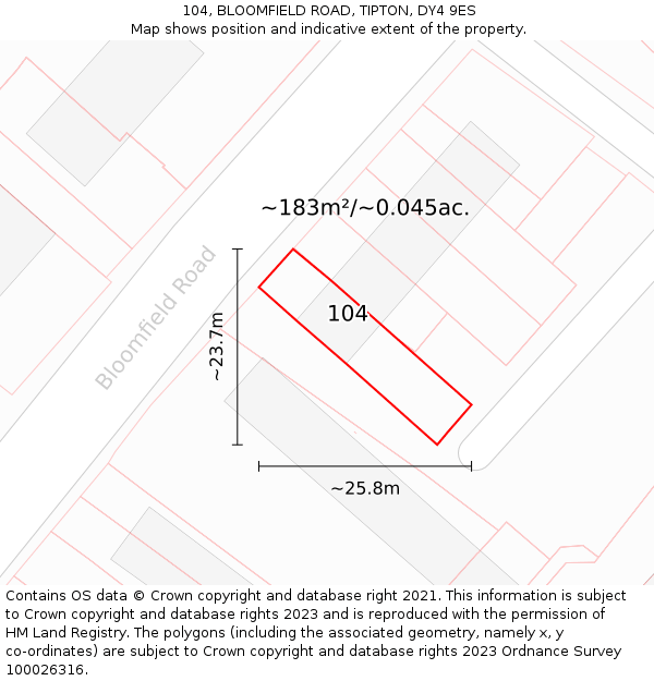 104, BLOOMFIELD ROAD, TIPTON, DY4 9ES: Plot and title map