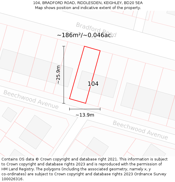 104, BRADFORD ROAD, RIDDLESDEN, KEIGHLEY, BD20 5EA: Plot and title map