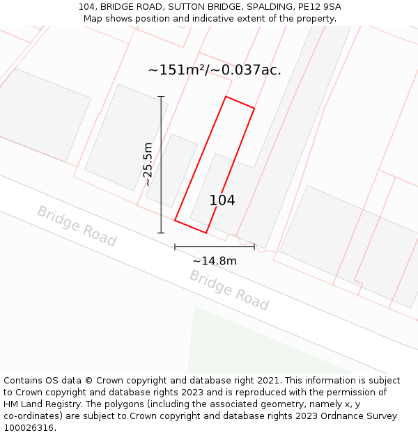 104, BRIDGE ROAD, SUTTON BRIDGE, SPALDING, PE12 9SA: Plot and title map