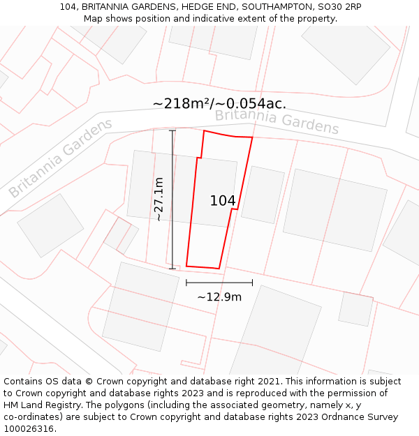 104, BRITANNIA GARDENS, HEDGE END, SOUTHAMPTON, SO30 2RP: Plot and title map