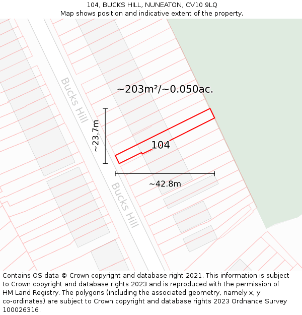 104, BUCKS HILL, NUNEATON, CV10 9LQ: Plot and title map
