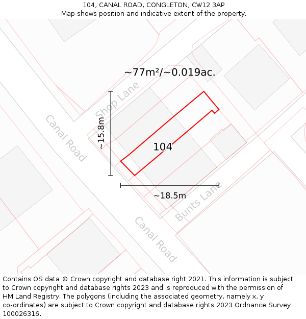 104, CANAL ROAD, CONGLETON, CW12 3AP: Plot and title map