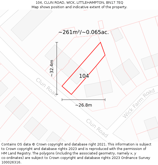 104, CLUN ROAD, WICK, LITTLEHAMPTON, BN17 7EQ: Plot and title map